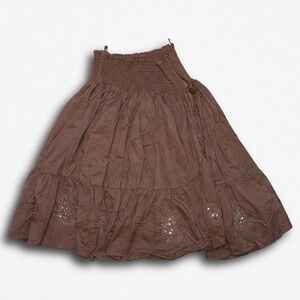 Boho Brown Tiered Sequin Embroidered Smocked Waist Midi Skirt Cottagecore Cotton